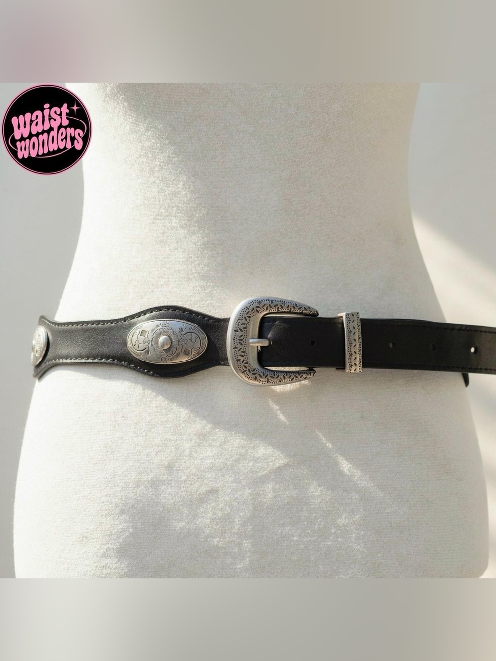 Y2K 2000s style Black Tooled leather Leather Belt with Silver Conchos